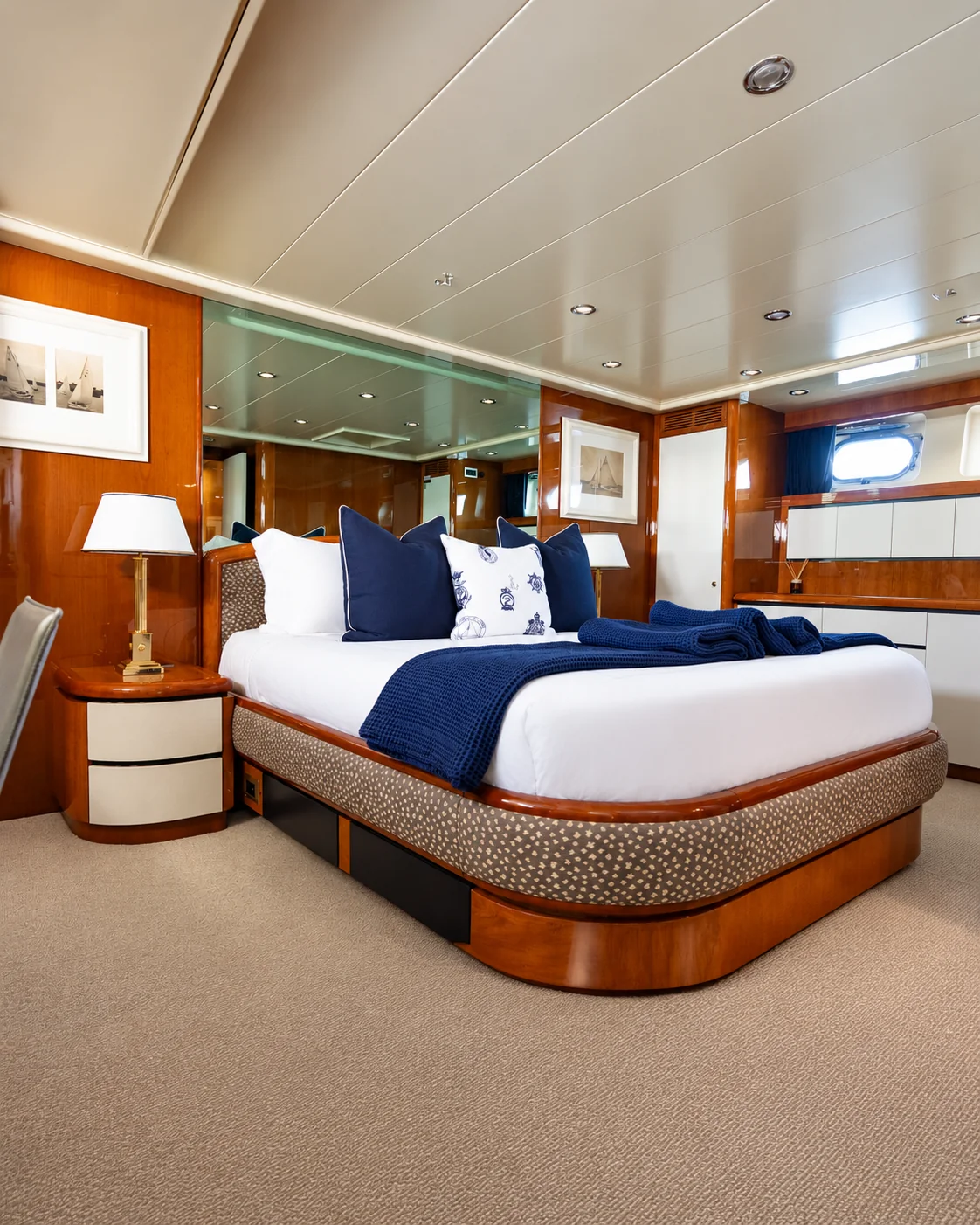 The elegant master cabin aboard the yacht, on a private yacht charter from Auckland